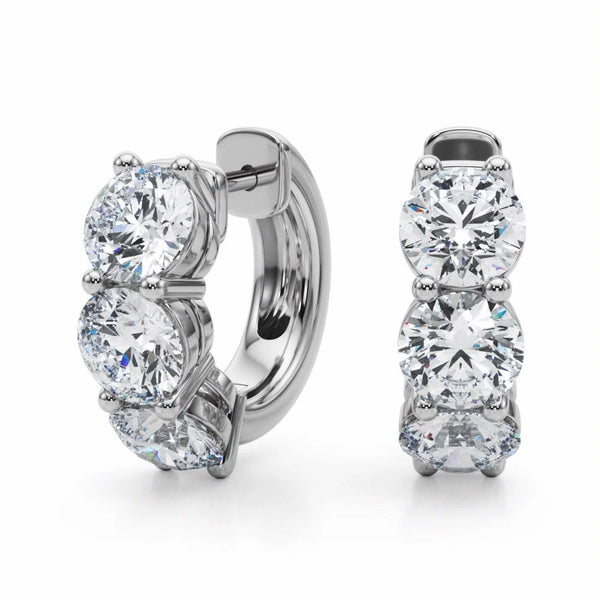 14K Gold and Lab Diamond 3 Stone Huggie Hoops