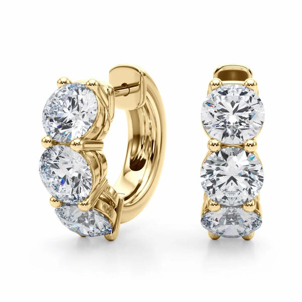 14K Gold and Lab Diamond 3 Stone Huggie Hoops