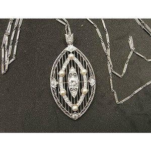 Art Deco Platinum Diamond and Pearl Pendant on Platinum Fancy Link Chain