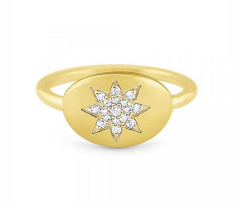 14k Gold and Diamond Starburst Signet Ring