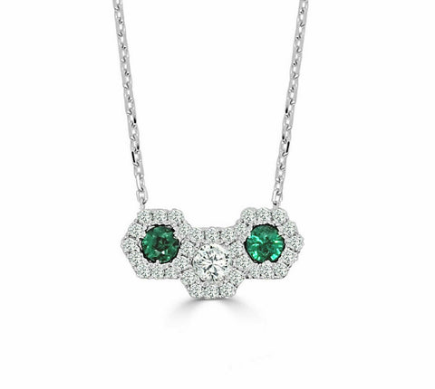 White Gold Triple Hexagon Firenze Emerald And Diamond Pendant