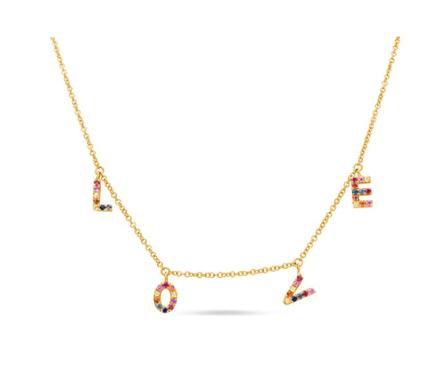 Rainbow Sapphire “Love” Charm Necklace