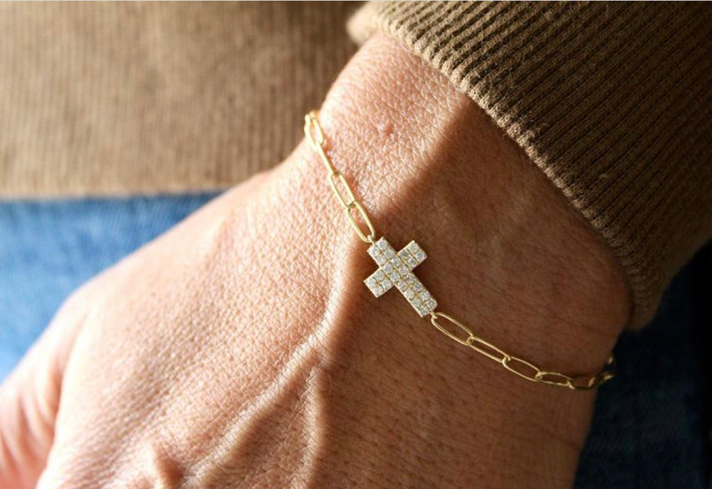 Golden Blessing Of Faith Womens Bolo Bracelet Featuring A Religious Cross  Adorned With 5 Diamonds