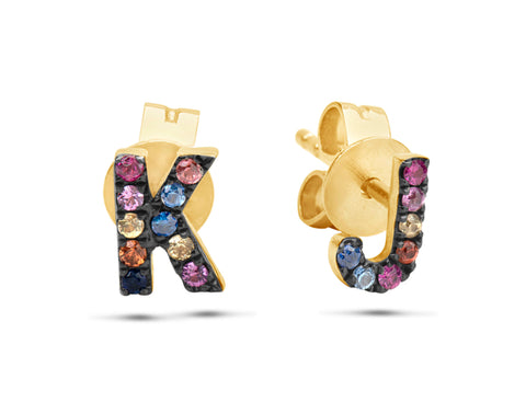 Rainbow Sapphire Initial Stud Earring