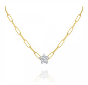 14k Gold and Diamond Mini Star Necklace on Paperclip Chain