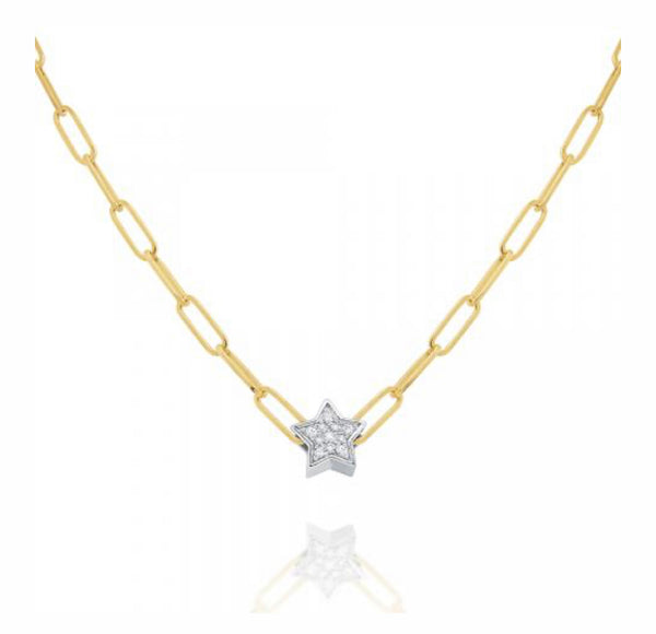 14k Gold and Diamond Mini Star Necklace on Paperclip Chain