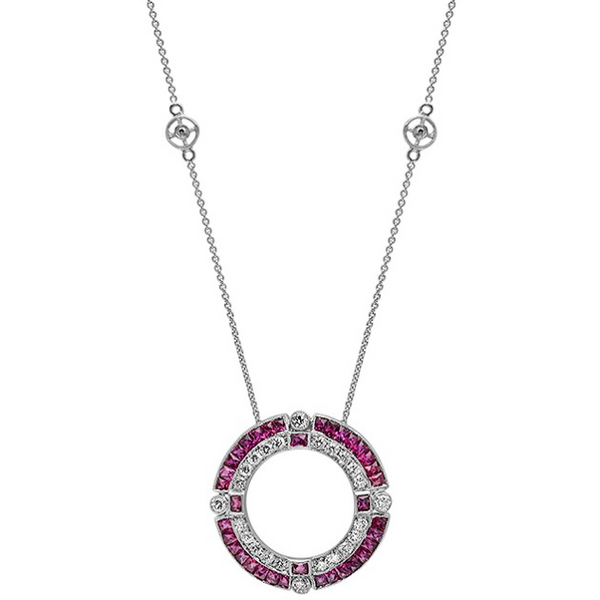 Diamond and Sapphire or Ruby Circle Necklace